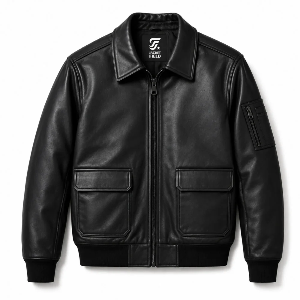 Men’s Black Bomber Leather Jacket with Zipper - jacket field 002