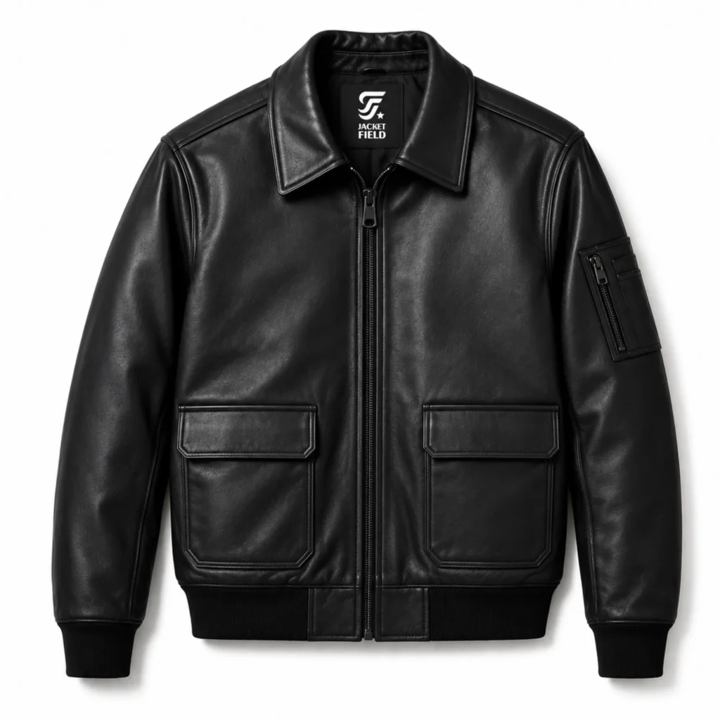 Men’s Black Bomber Leather Jacket with Zipper - jacket field 002