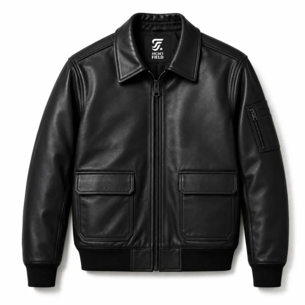 Men’s Black Bomber Leather Jacket with Zipper - jacket field 002