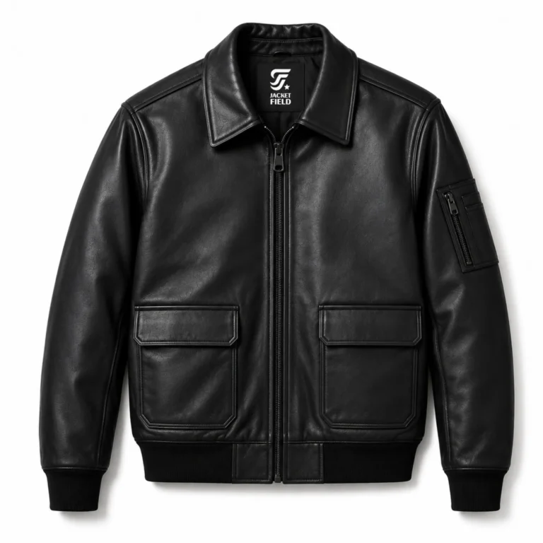 Men’s Black Bomber Leather Jacket with Zipper - jacket field 002
