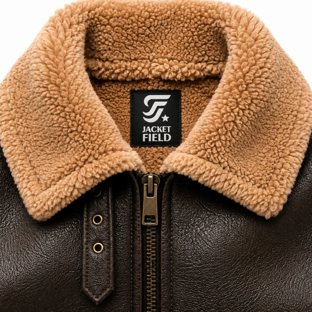 Men's Leather Shearling Jacket Dark Brown B3 Aviator Leather Coat with Camel Sherpa Lining - jacket field 009