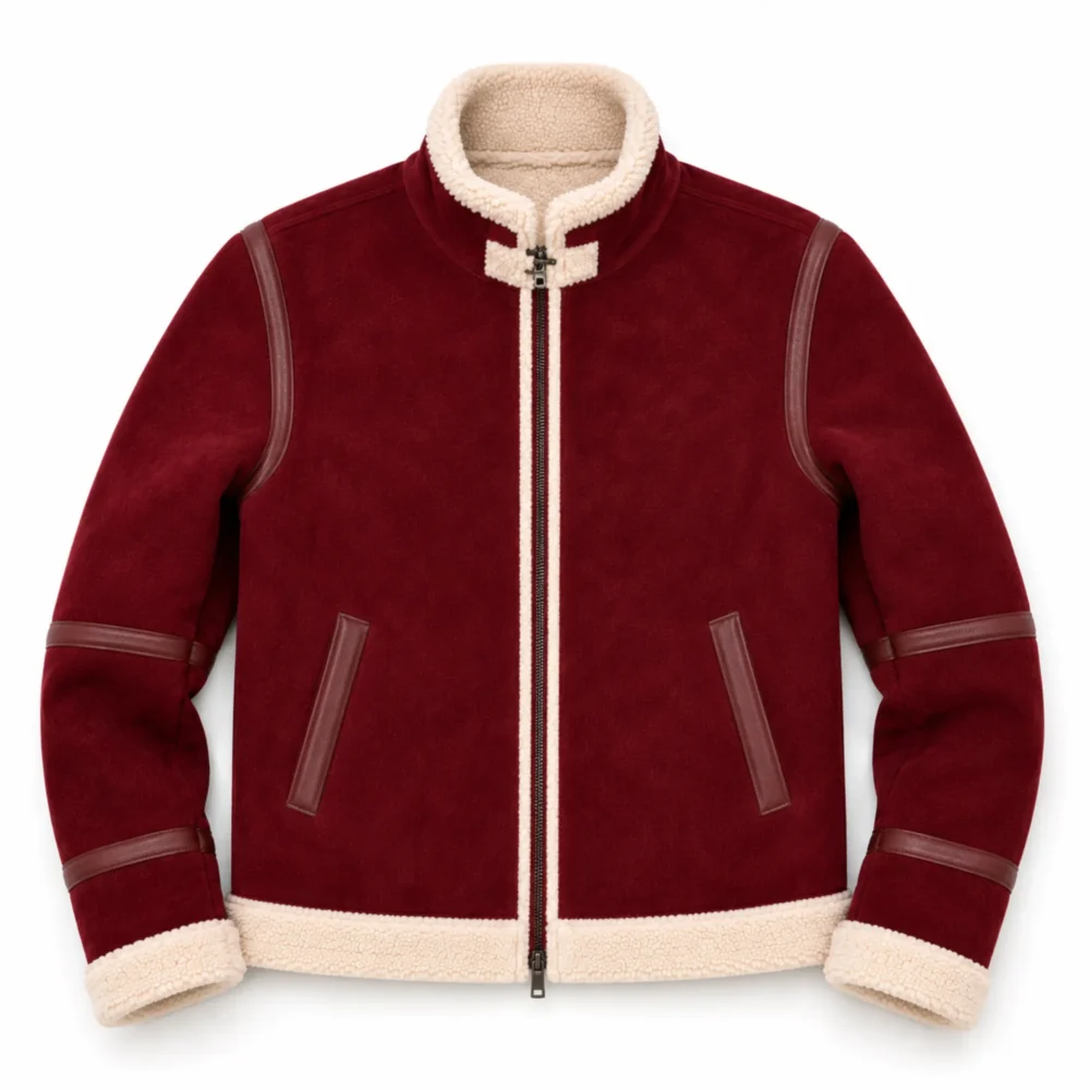     Burgundy Men Christmas Shearling Leather Jacket | Suede Aviator - jacket field 0011