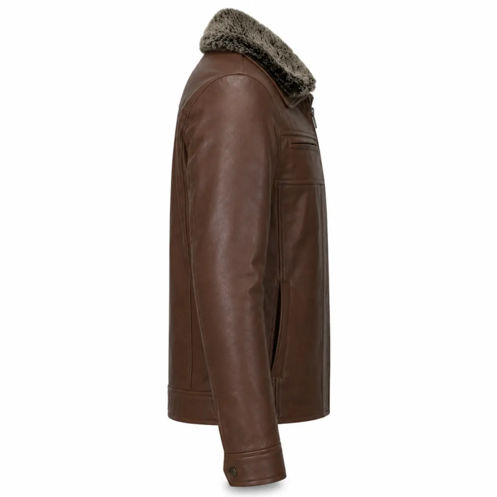 Men's Leather Jacket with Fur Collar — Dark Brown Winter Coat for Men - jacket field 0010