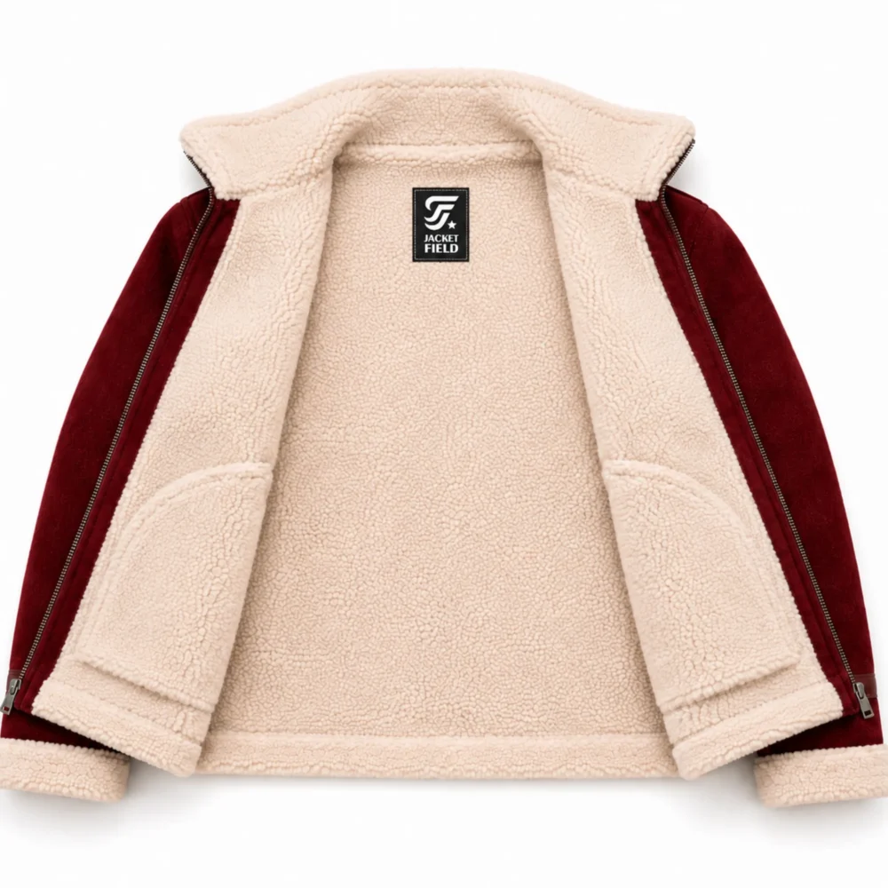     Burgundy Men Christmas Shearling Leather Jacket | Suede Aviator - jacket field 0011