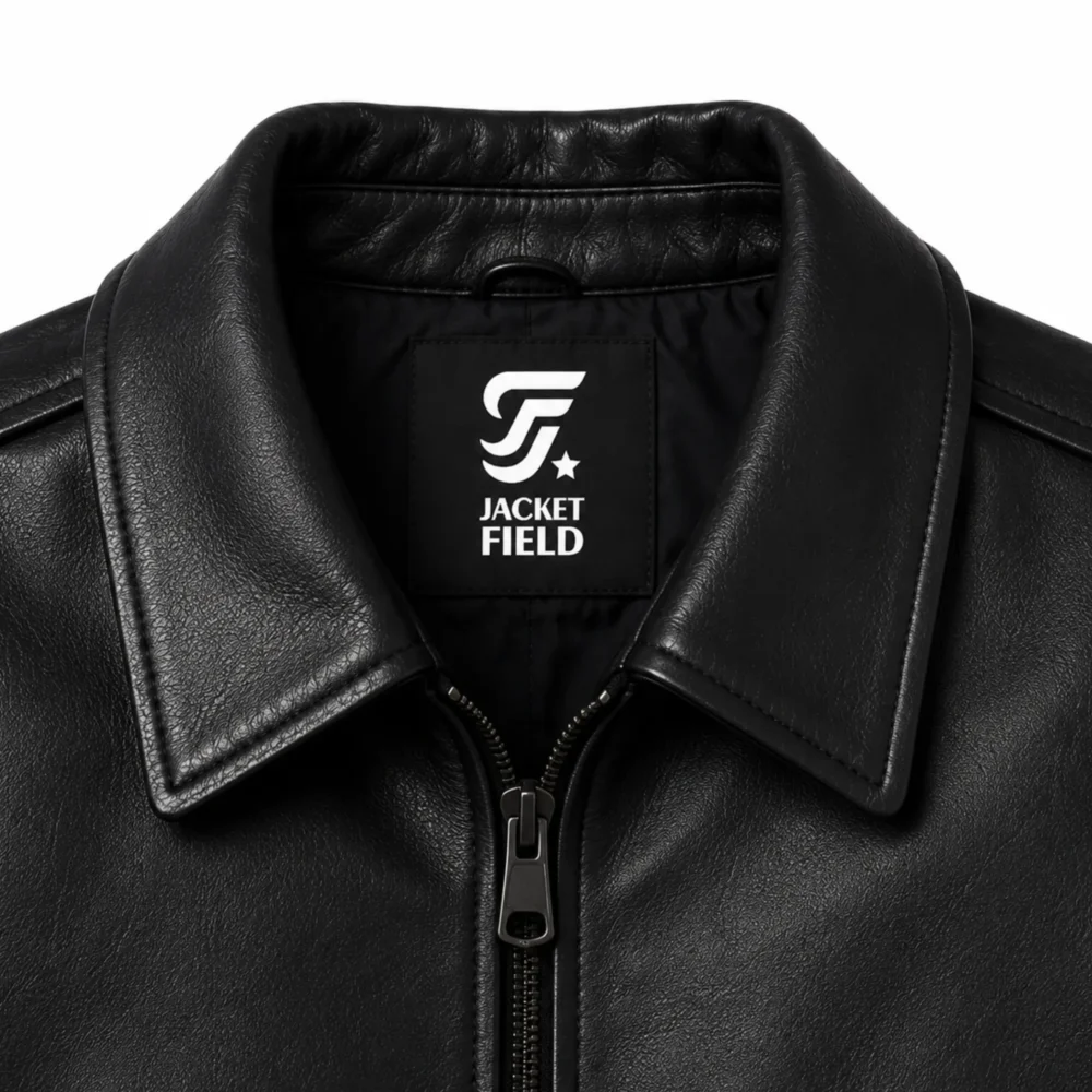 Men’s Black Bomber Leather Jacket with Zipper - jacket field 002