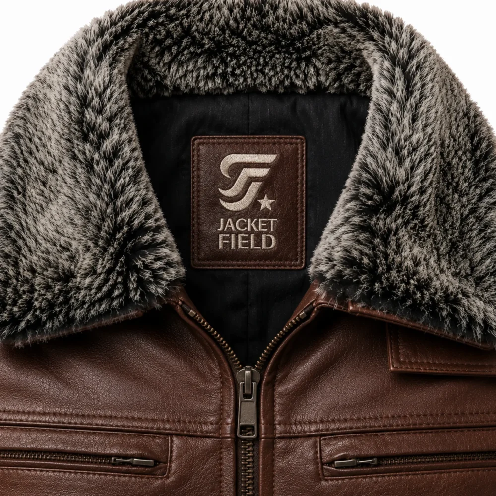 Men's Leather Jacket with Fur Collar — Dark Brown Winter Coat for Men - jacket field 0010