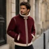     Burgundy Men Christmas Shearling Leather Jacket | Suede Aviator - jacket field 0011