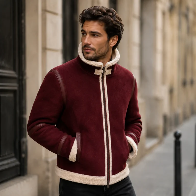     Burgundy Men Christmas Shearling Leather Jacket | Suede Aviator - jacket field 0011