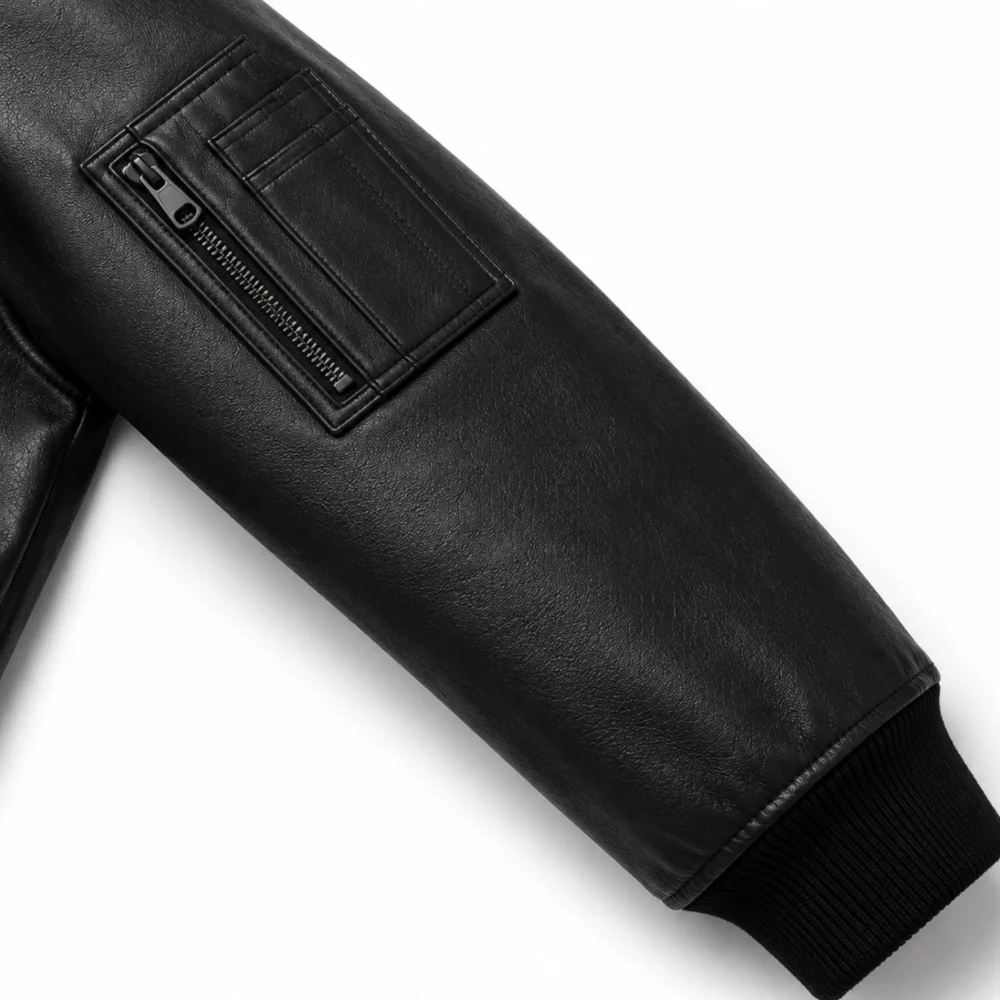 Men’s Black Bomber Leather Jacket with Zipper - jacket field 002