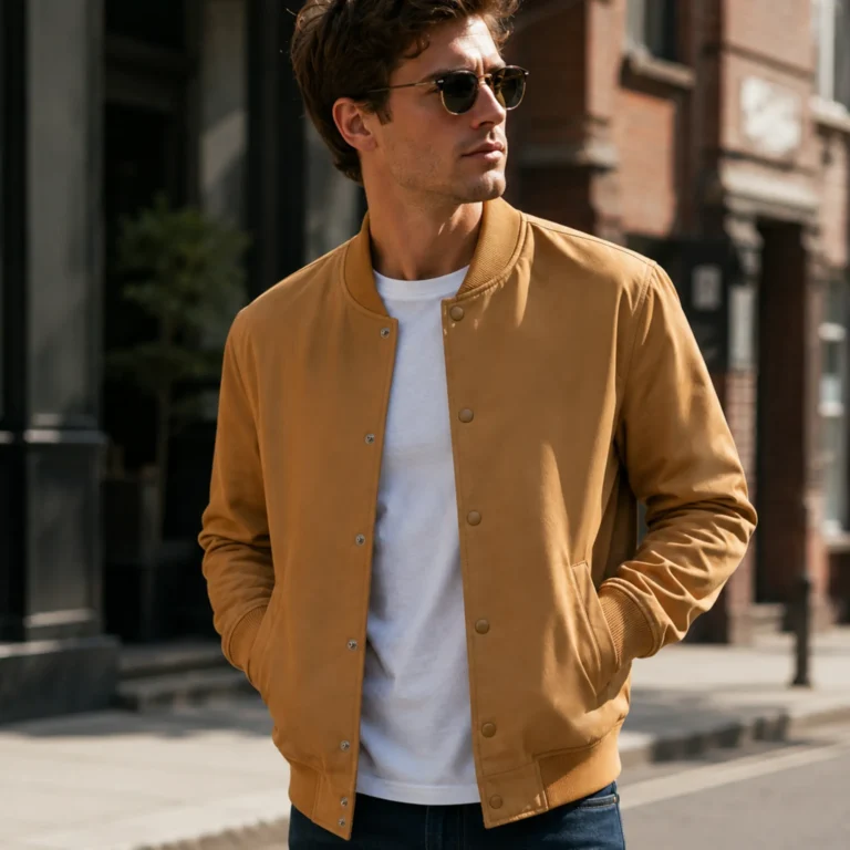Men's Camel Brown Bomber Leather Jacket - Jacket Field 001