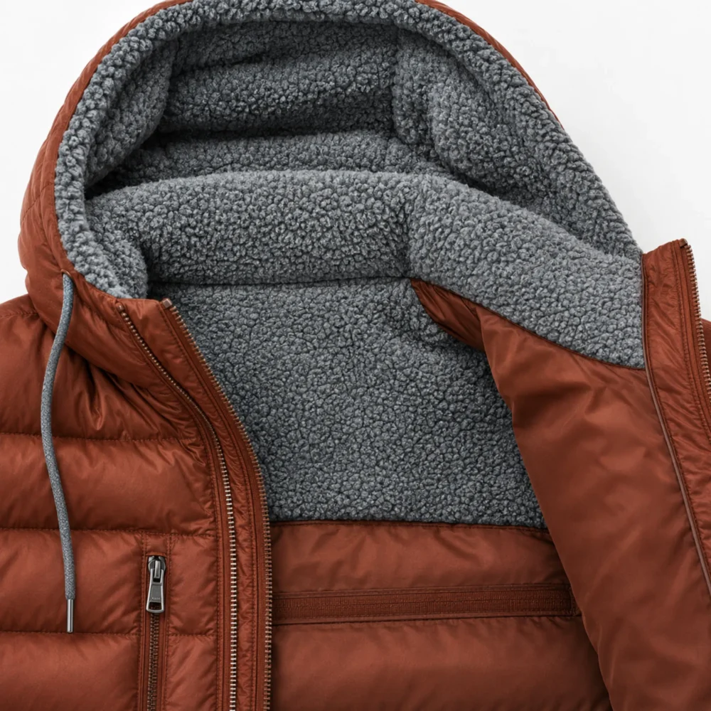 Men's Puffer Jacket Rust Orange Windproof Hooded Winter Coat with Sherpa Lining - jacket field 008