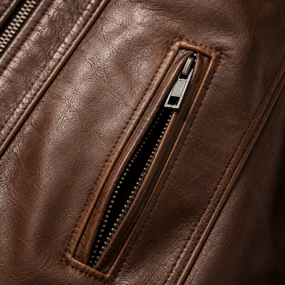 Men's Leather Jacket with Fur Collar — Dark Brown Winter Coat for Men - jacket field 0010