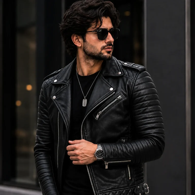 Black Real Leather men motorcycle jacket for Biker Style - jacket field 005