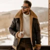 Men's Leather Shearling Jacket Dark Brown B3 Aviator Leather Coat with Camel Sherpa Lining - jacket field 009