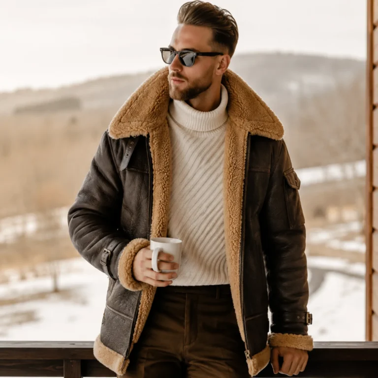 Men's Leather Shearling Jacket Dark Brown B3 Aviator Leather Coat with Camel Sherpa Lining - jacket field 009