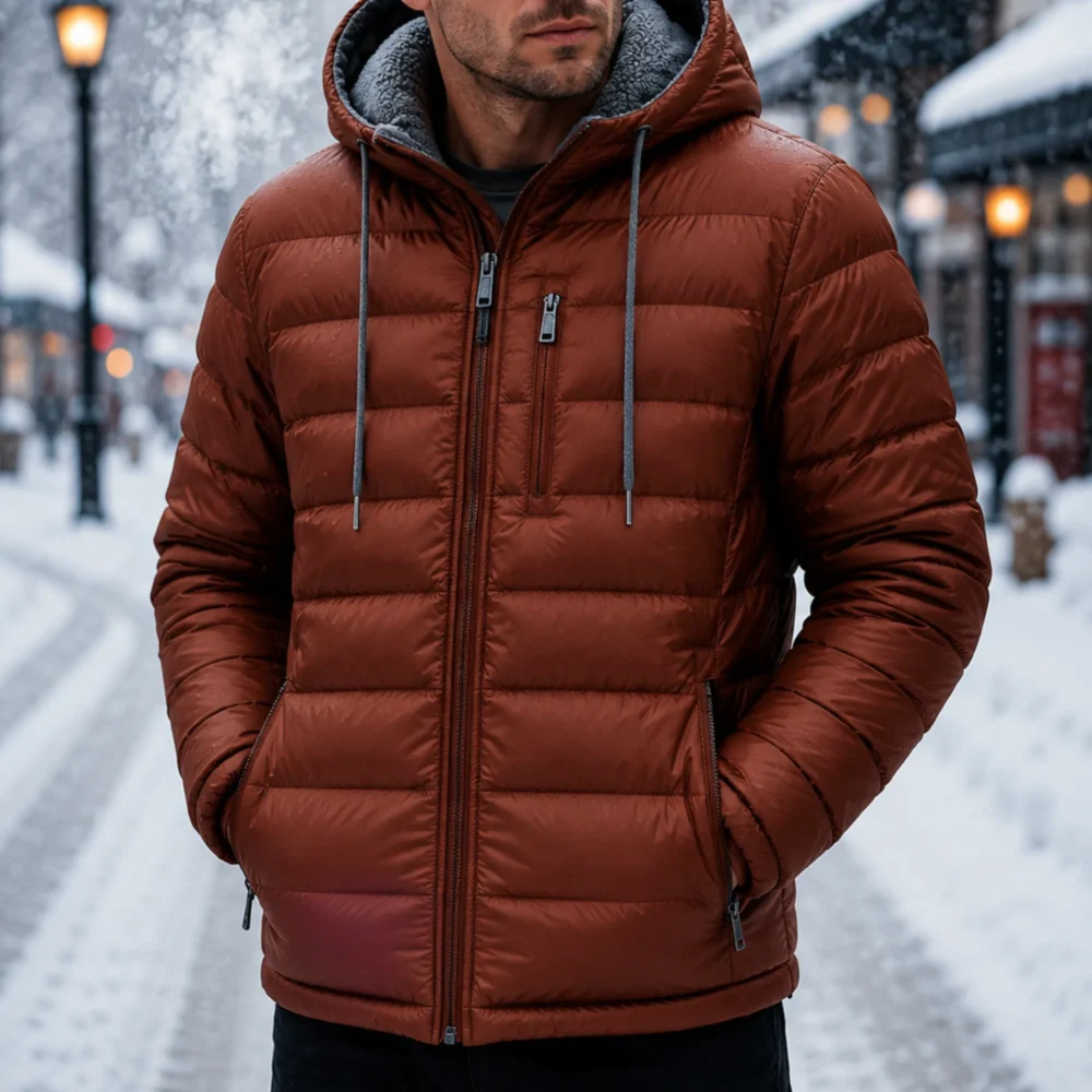 Men's Puffer Jacket Rust Orange Windproof Hooded Winter Coat with Sherpa Lining - jacket field 008