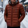 Men's Puffer Jacket Rust Orange Windproof Hooded Winter Coat with Sherpa Lining - jacket field 008