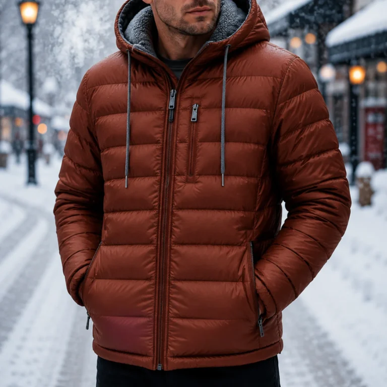Men's Puffer Jacket Rust Orange Windproof Hooded Winter Coat with Sherpa Lining - jacket field 008