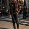 Men's Leather Jacket with Fur Collar — Dark Brown Winter Coat for Men - jacket field 0010