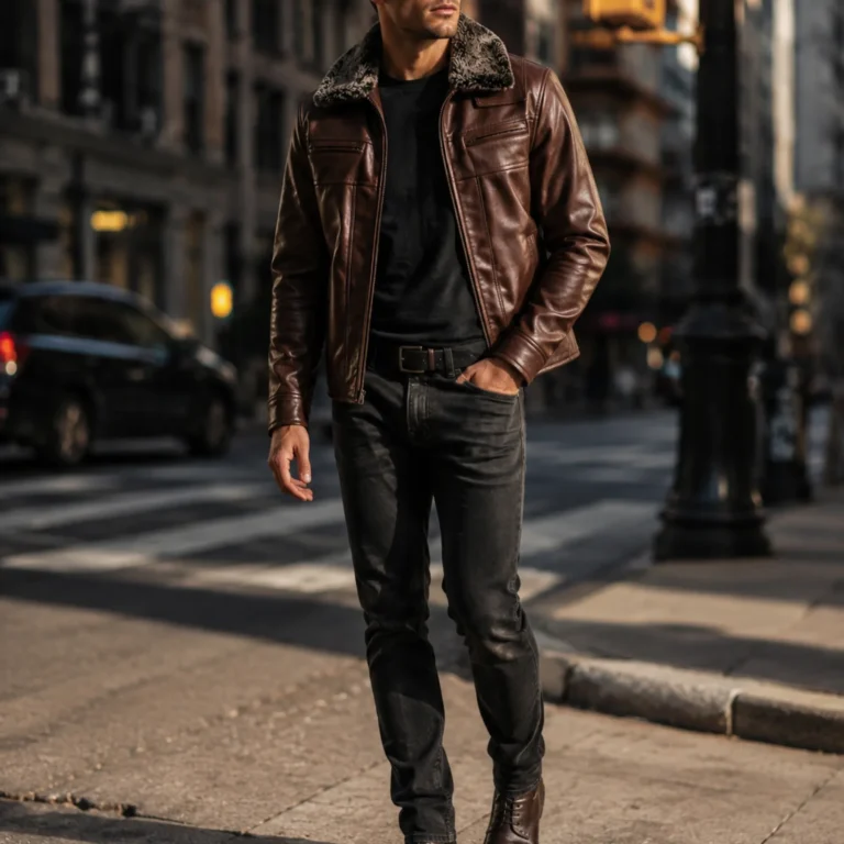 Men's Leather Jacket with Fur Collar — Dark Brown Winter Coat for Men - jacket field 0010