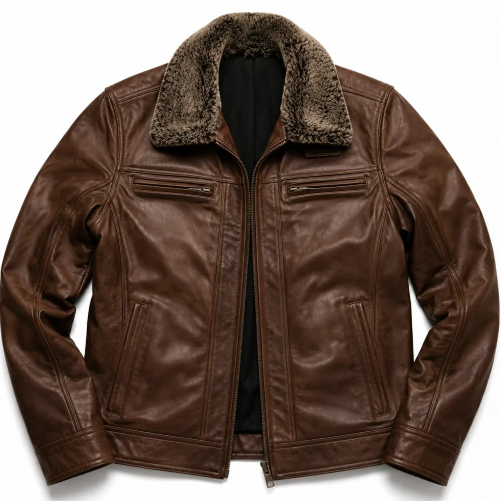 Men's Leather Jacket with Fur Collar — Dark Brown Winter Coat for Men - jacket field 0010