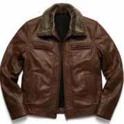 Men's Leather Jacket with Fur Collar — Dark Brown Winter Coat for Men - jacket field 0010