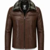 Men's Leather Jacket with Fur Collar Dark Brown Winter Coat for Men - jacket field 0010