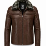 Men's Leather Jacket with Fur Collar Dark Brown Winter Coat for Men - jacket field 0010