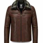 Men's Leather Jacket with Fur Collar Dark Brown Winter Coat for Men - jacket field 0010