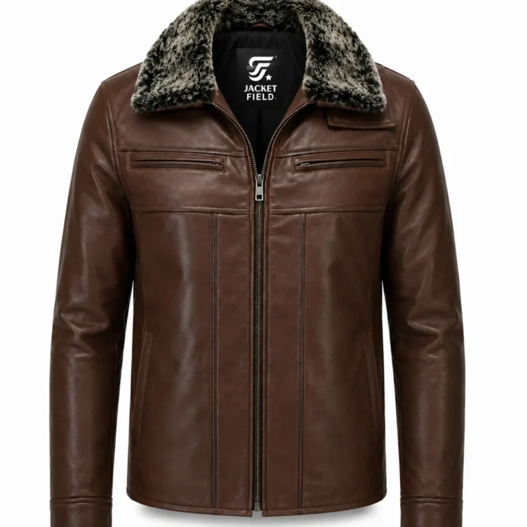 Men's Leather Jacket with Fur Collar Dark Brown Winter Coat for Men - jacket field 0010