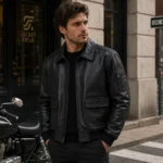 Men’s Black Bomber Leather Jacket with Zipper - jacket field 002