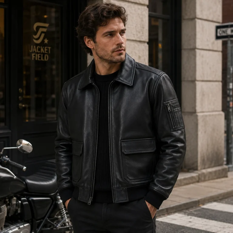 Men’s Black Bomber Leather Jacket with Zipper - jacket field 002