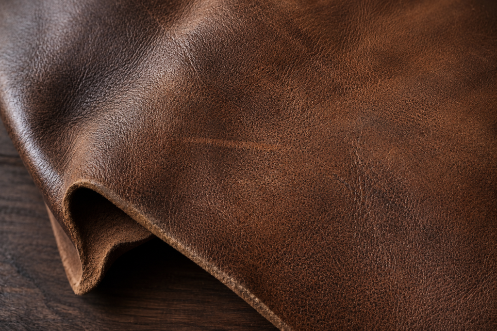 Close-up of genuine full-grain leather showing natural grain, subtle wrinkles, and authentic surface texture.
