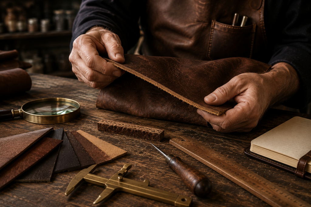 Leather artisan inspecting a genuine full-grain leather sample by examining its natural grain, raw cut edge, and fiber structure using professional leatherworking tools.