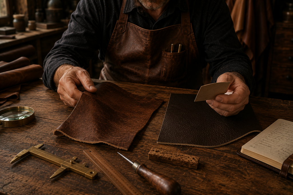 Leather artisan comparing genuine leather and synthetic leather samples while checking a product information card before making a material assessment.