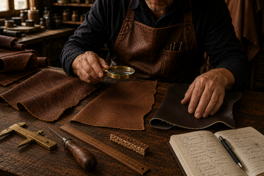 Leather artisan comparing three different leather samples with a magnifying glass to evaluate quality instead of relying on common leather myths.