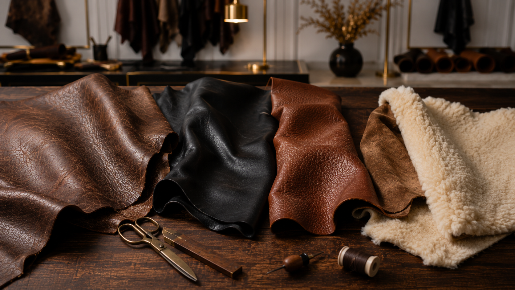 What is leather? A premium editorial display of genuine full-grain leather samples highlighting natural grain, texture, and craftsmanship.