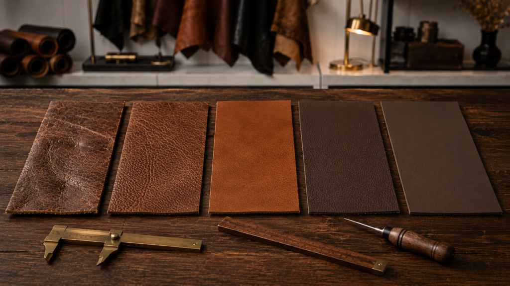 Comparison of different leather grades showing full-grain, top-grain, genuine, corrected-grain, and bonded leather samples.