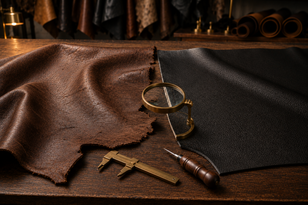 Comparison of genuine full-grain leather and faux leather showing differences in natural grain, texture, and surface appearance.