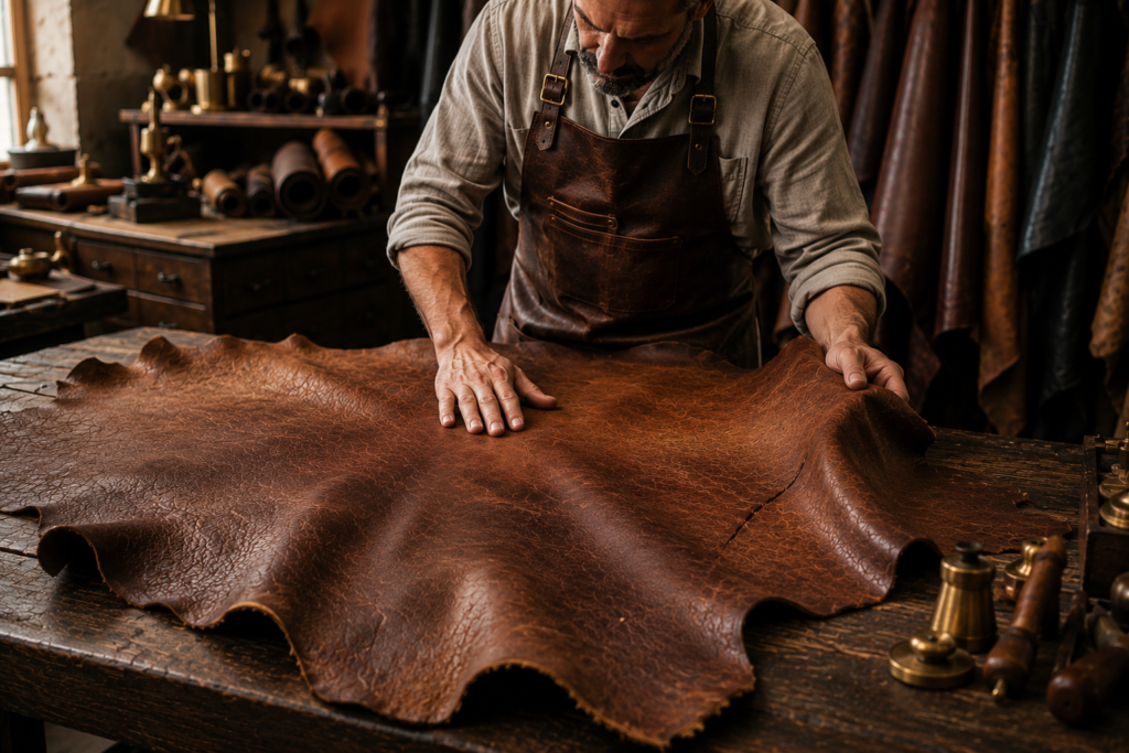 Premium full-grain cowhide leather hide with natural grain, organic wrinkles, and authentic surface texture.