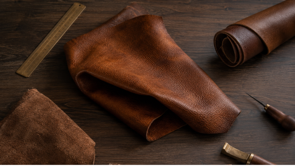 Editorial flat-lay of genuine leather pieces showing natural grain, suede texture, and leatherworking tools on a dark walnut workbench.