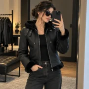 Hooded Black Fur-Trimmed Leather Jacket