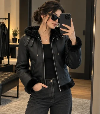 Hooded Black Fur-Trimmed Leather Jacket