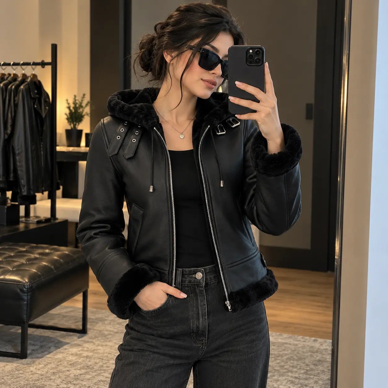 Hooded Black Fur-Trimmed Leather Jacket